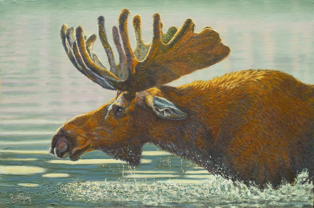 A painting of an animal with large antlers.