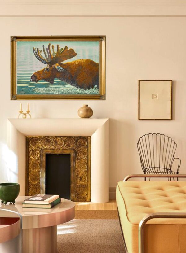 A painting of a moose is hanging in the living room.