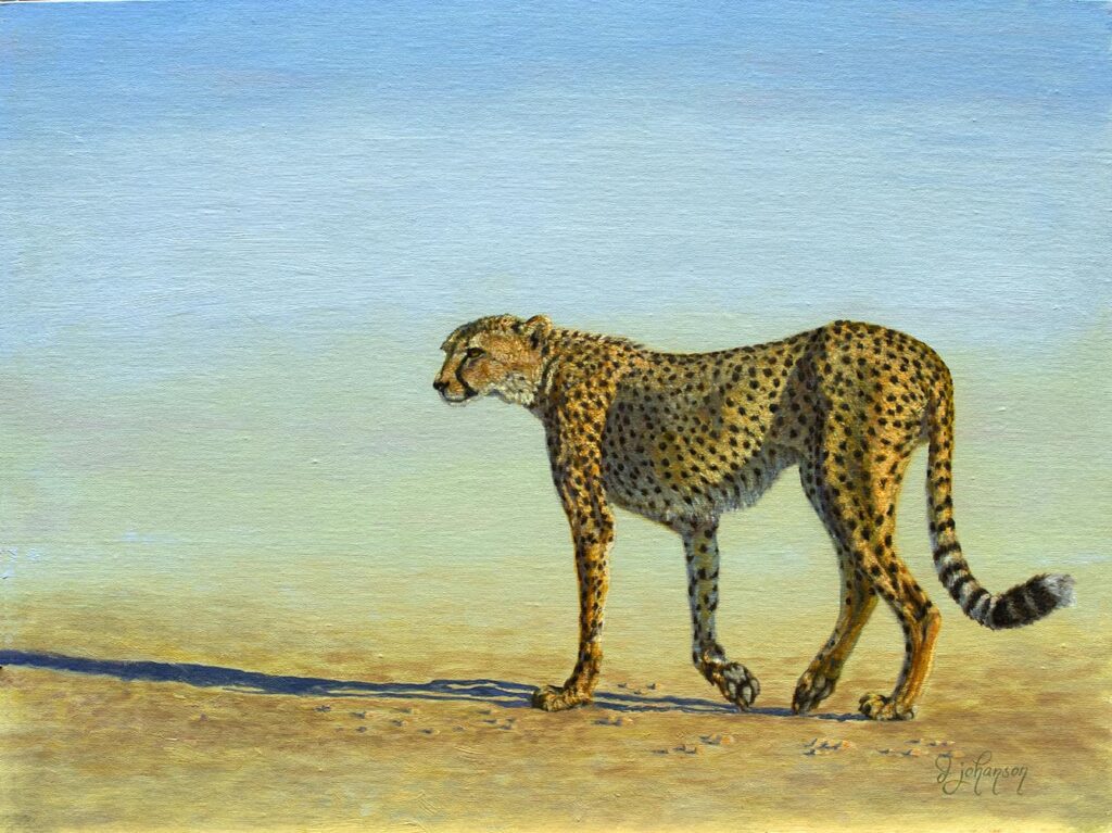 A painting of a cheetah walking in the desert