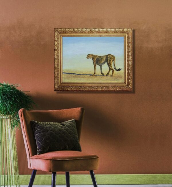 A painting of a horse in the middle of an empty room.