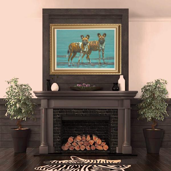A fireplace with a painting above it and two dogs on the wall.