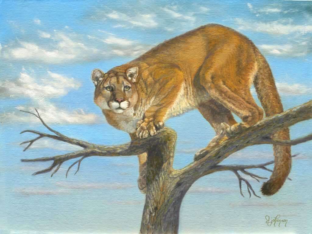 A painting of a cat on top of a tree.