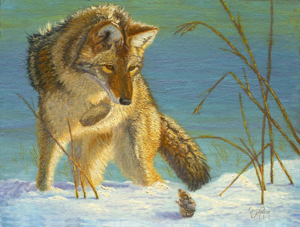 A painting of a wolf and a mouse in the snow.