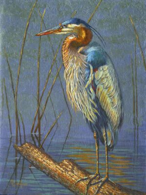 A painting of an egret standing in the water.