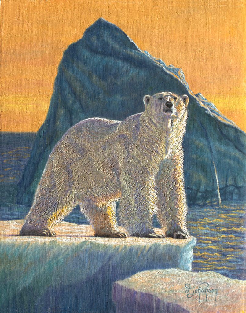 A painting of a polar bear on the ice