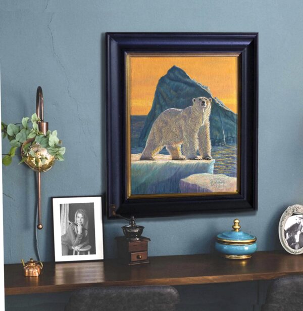 A painting of a polar bear on the side of a mountain.