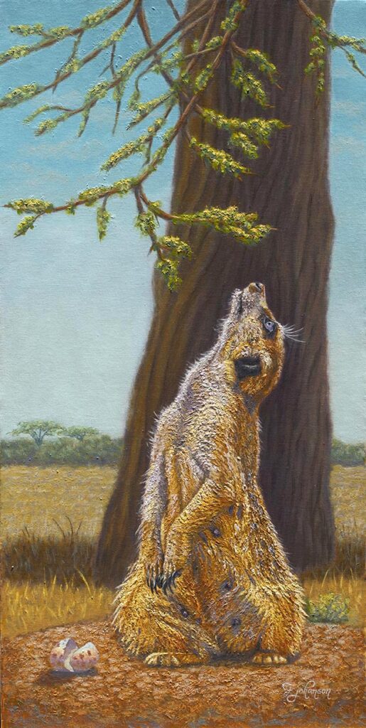 A painting of a bear standing next to a tree