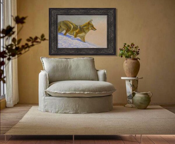 A painting of two dogs in the middle of a living room.