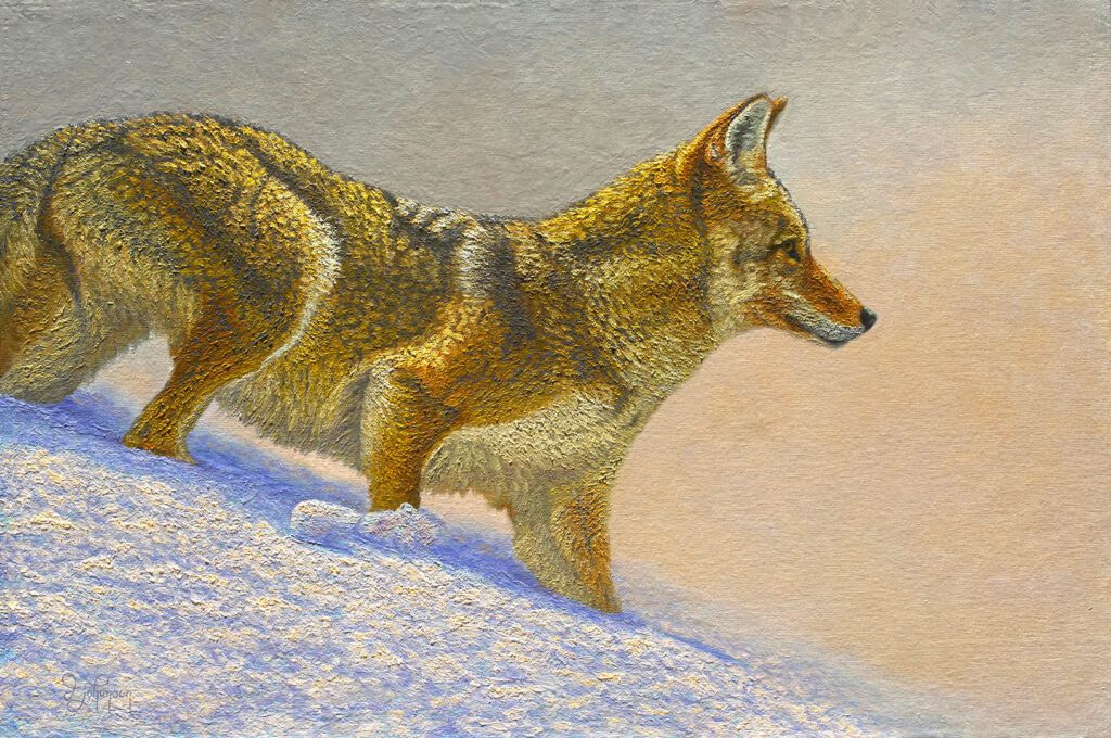 A painting of a dog walking on snow