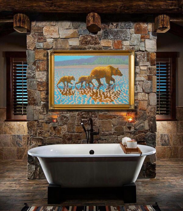 A bathroom with a tub and a painting on the wall