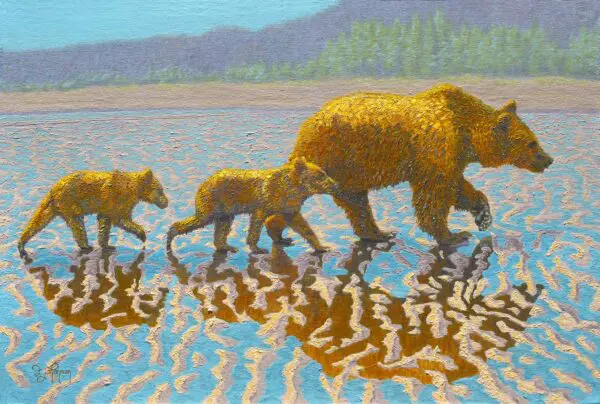 A painting of three bears walking across water