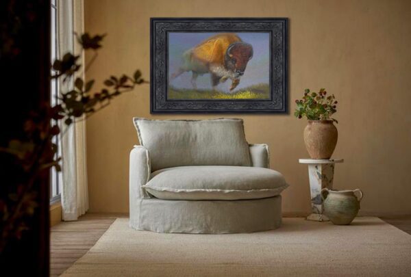 A painting of a buffalo in the middle of a living room.