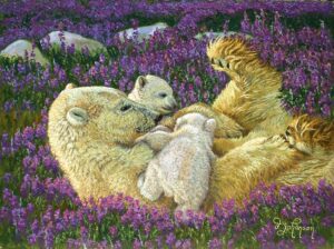 A painting of two bears and one cat in the grass