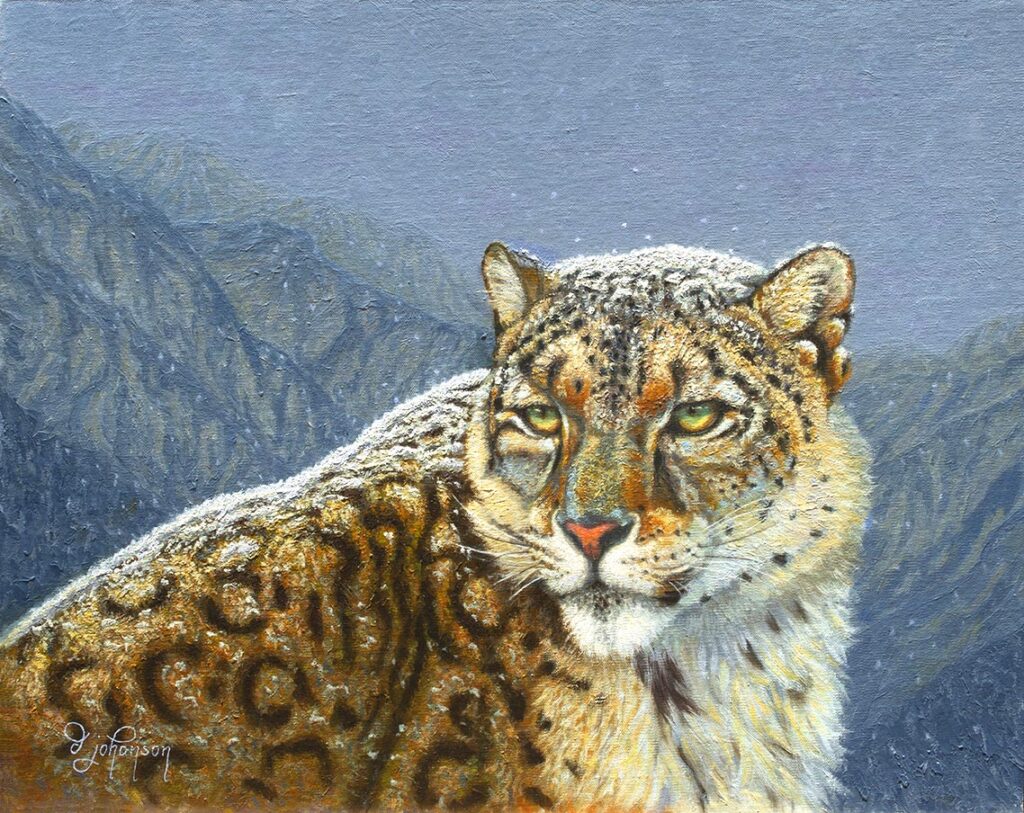 A painting of a leopard in the mountains