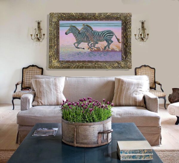 A living room with two horses running on the wall