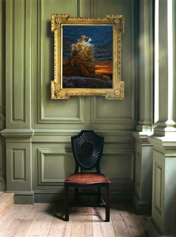 A chair in front of a painting on the wall.