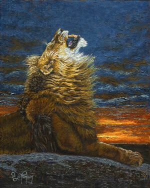 A painting of a lion sitting on top of a rock.