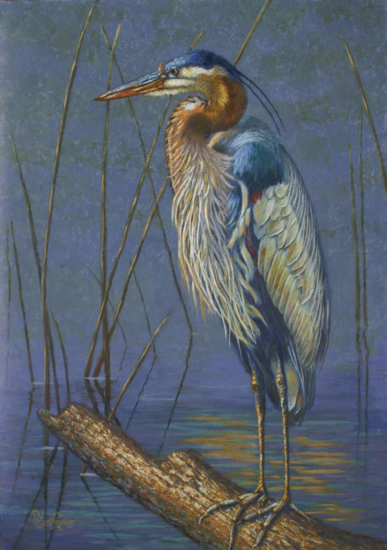 A painting of a bird standing in the water