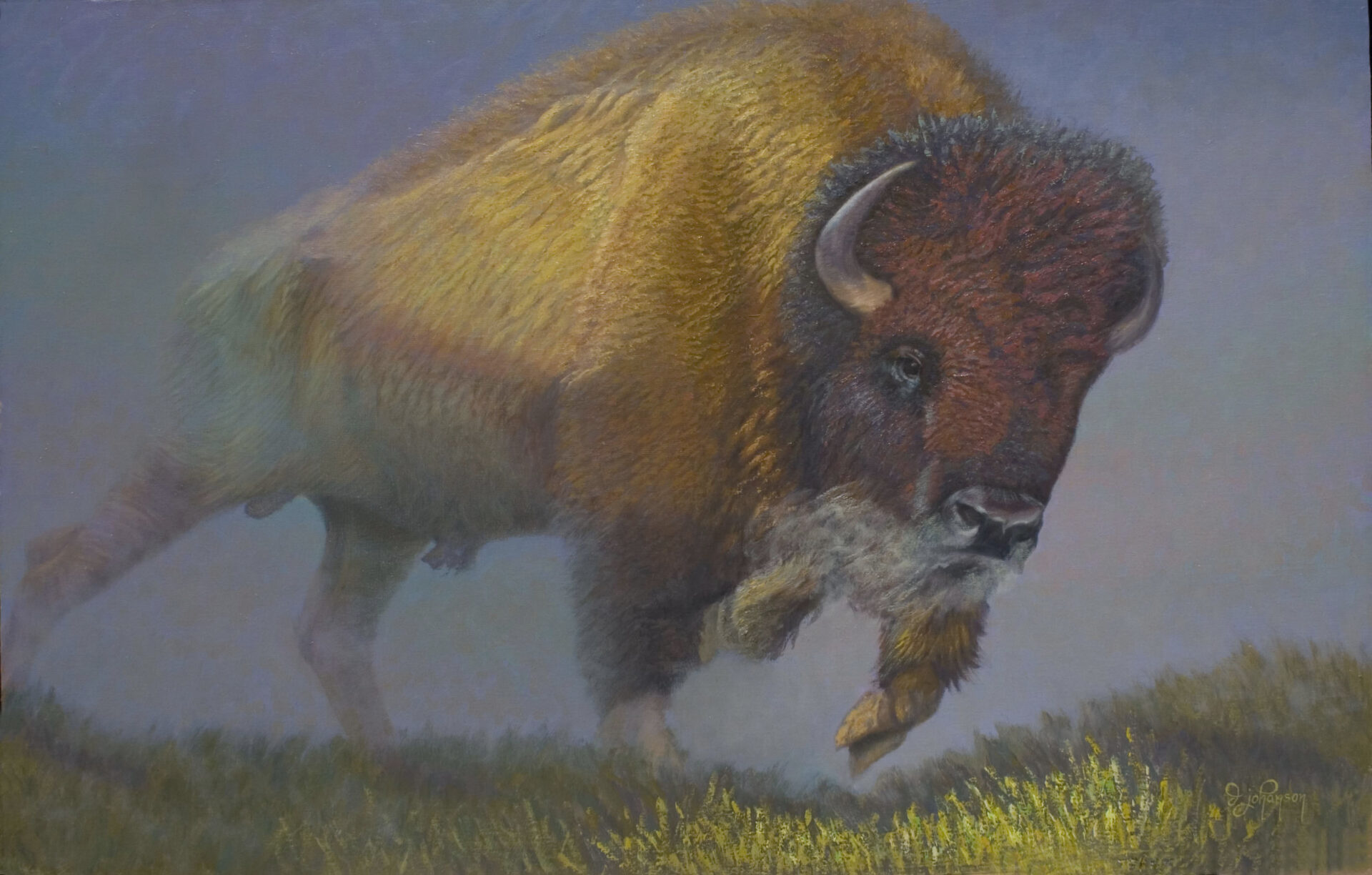 A painting of an animal with horns running in the grass.