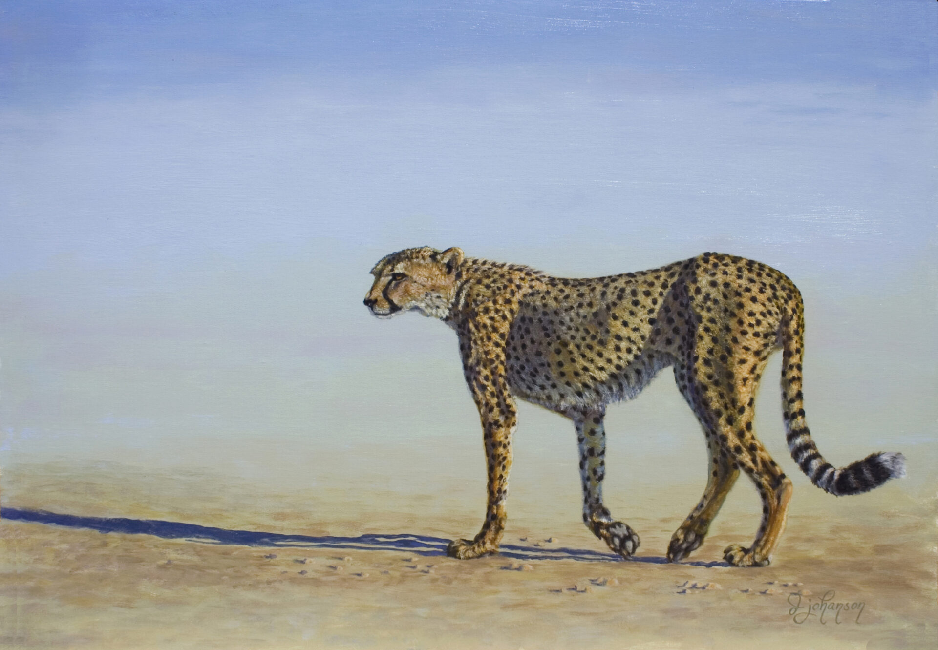 A painting of a cheetah walking across the desert.