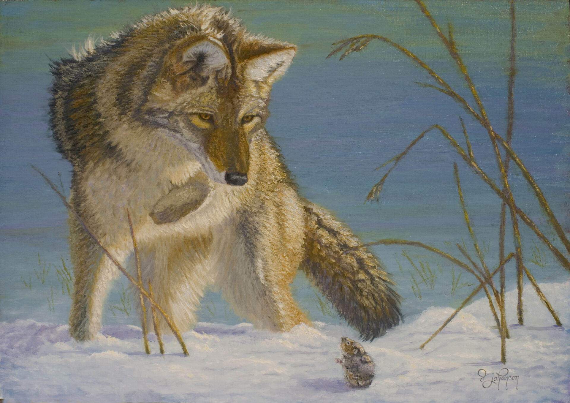 A painting of a wolf and a mouse in the snow.