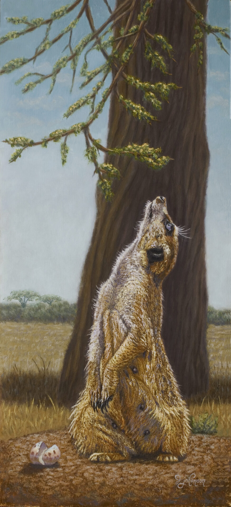 A painting of a dog standing next to a tree