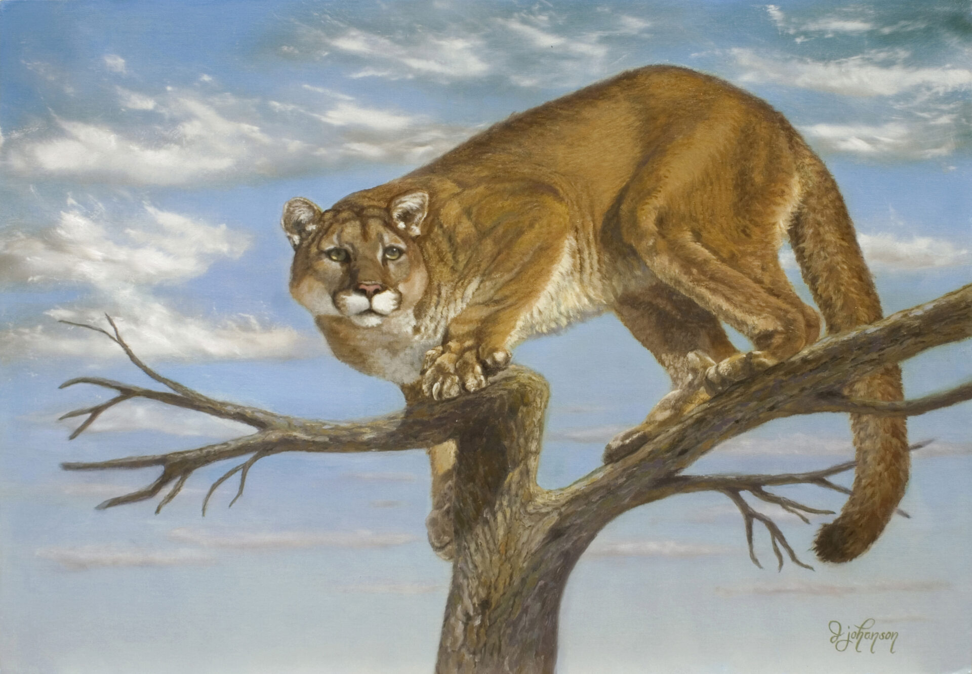 A painting of a cat climbing up the side of a tree.