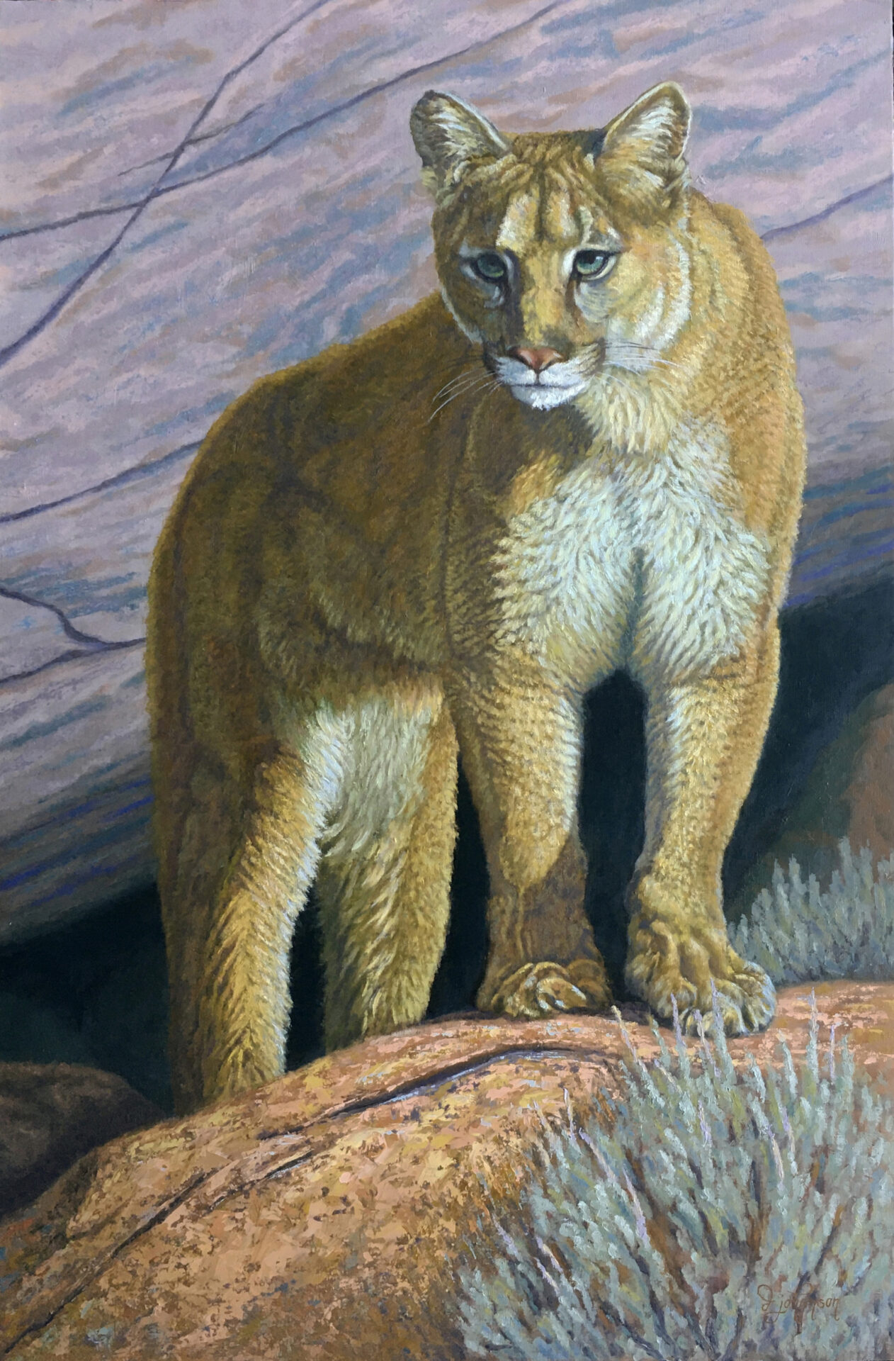 A painting of a lion standing on the rocks