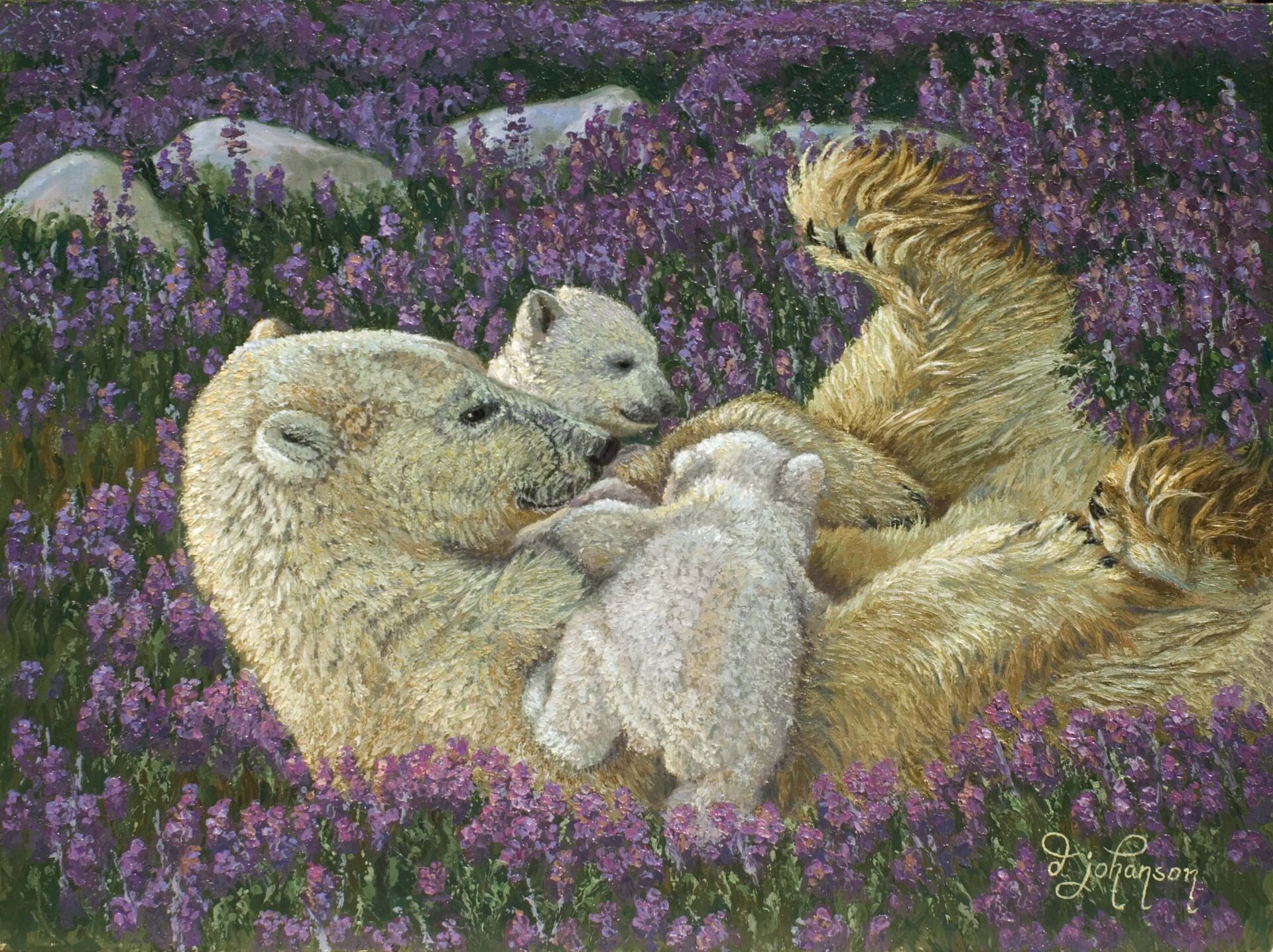 A painting of two cats and one bear in the grass.