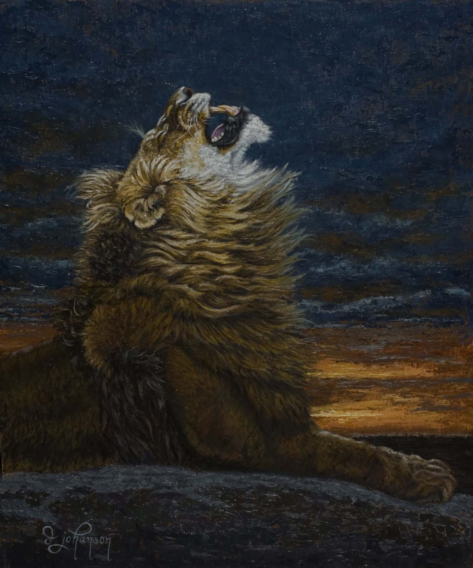 A painting of a lion sitting on the ground