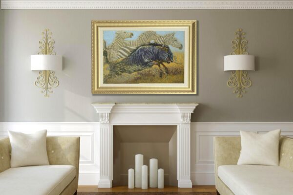 A painting of an animal on the wall above a fireplace.