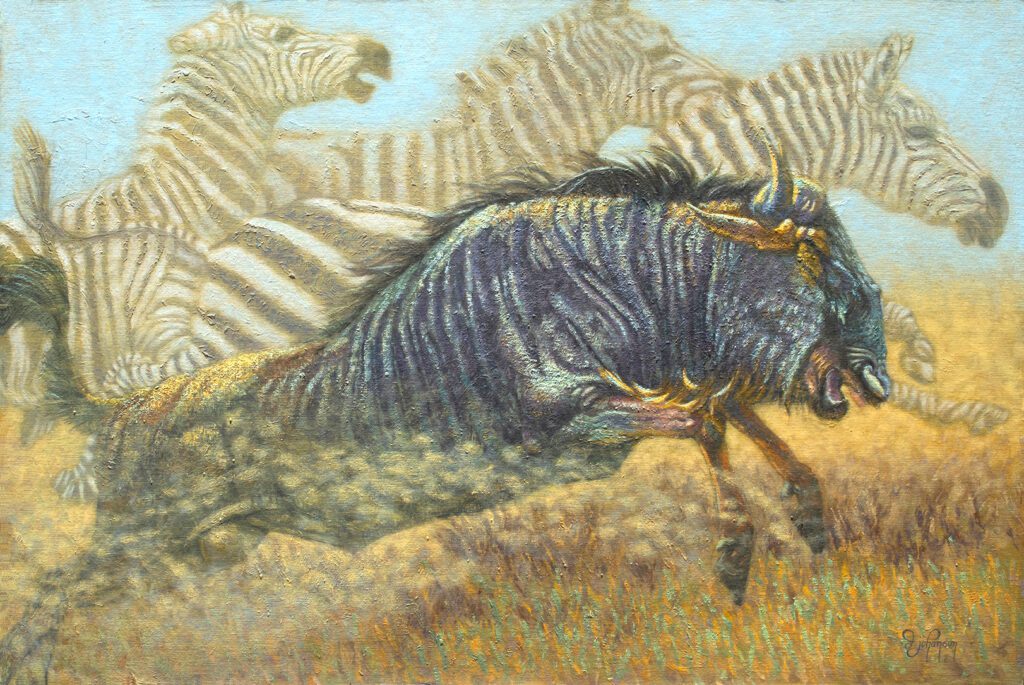 A painting of zebras running in the grass