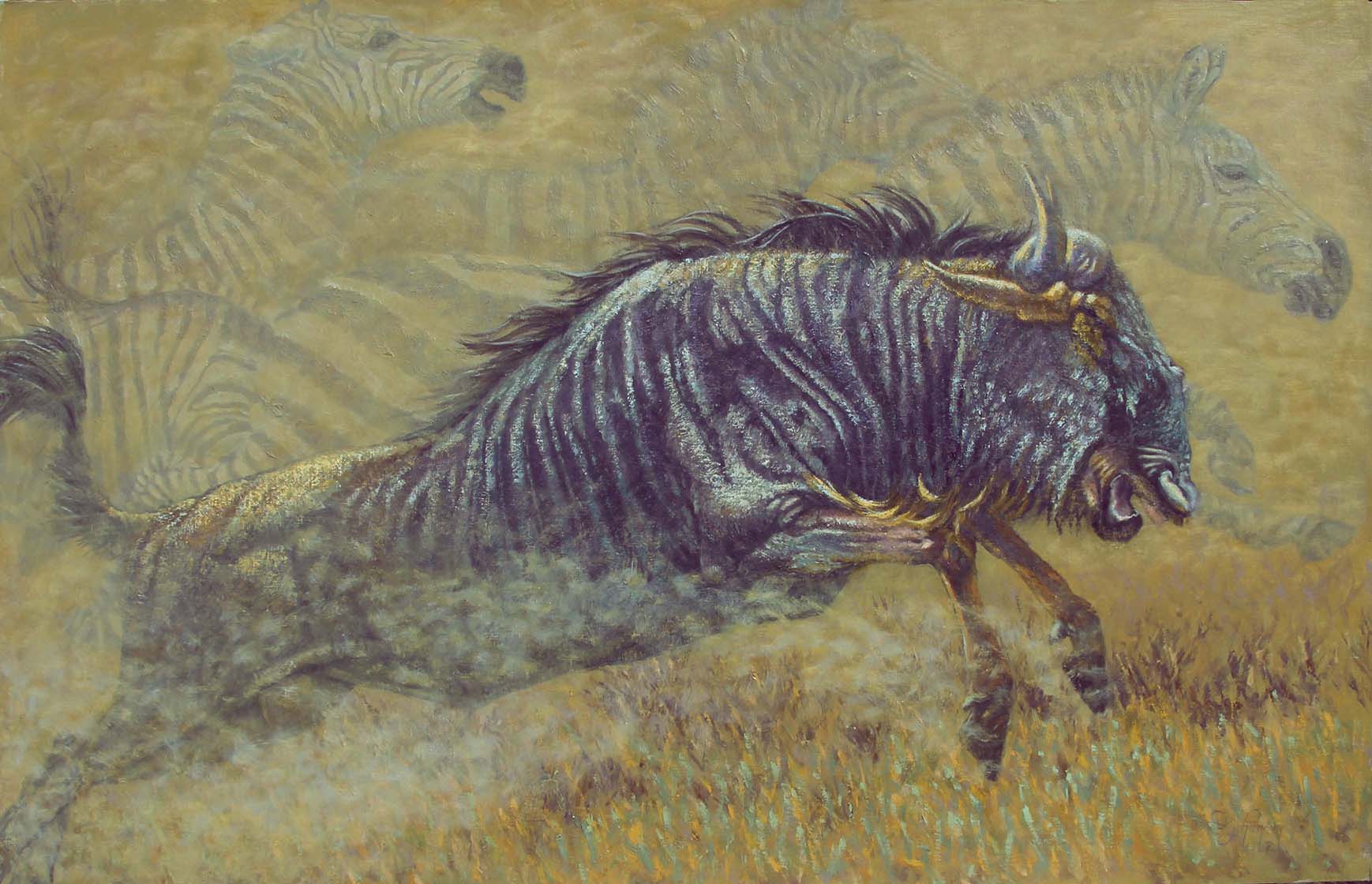 A painting of an animal in the grass.