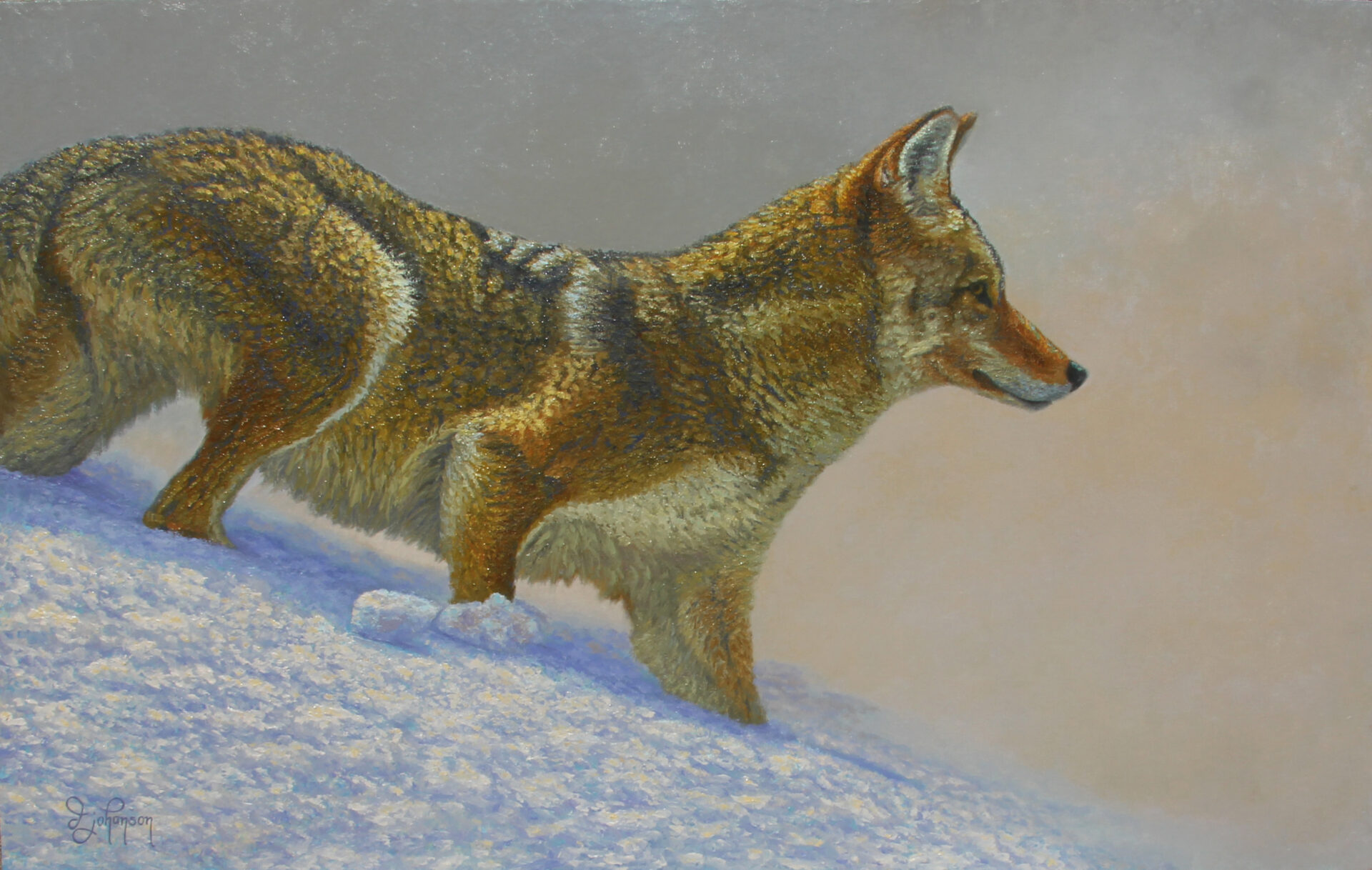 A painting of a dog walking on snow covered ground.