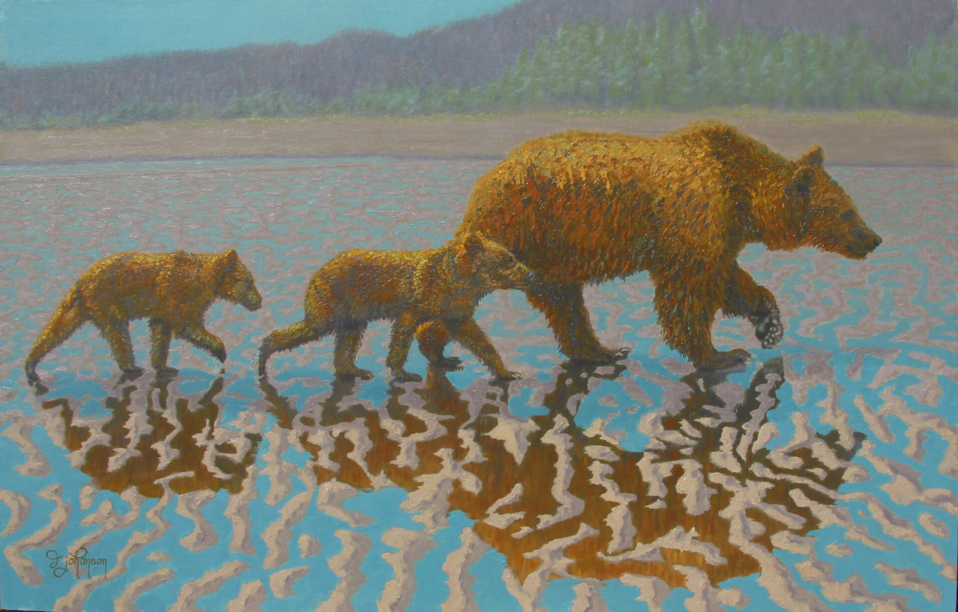 A painting of three bears walking across water