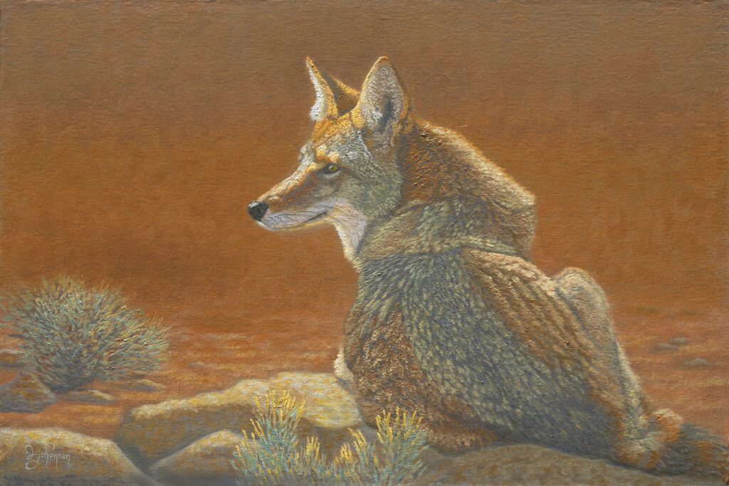A painting of a wolf sitting on the ground