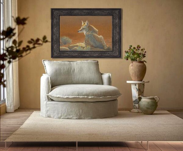 A painting of a horse in the middle of a room.