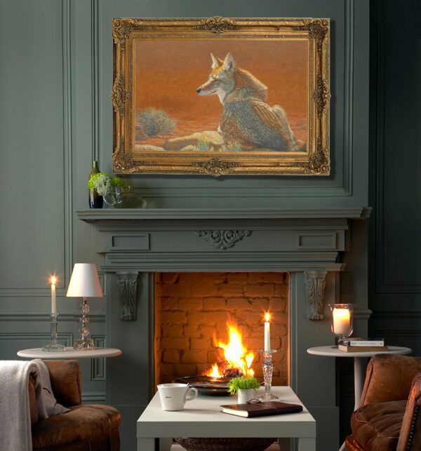 A painting of a fox is hanging above the fireplace.