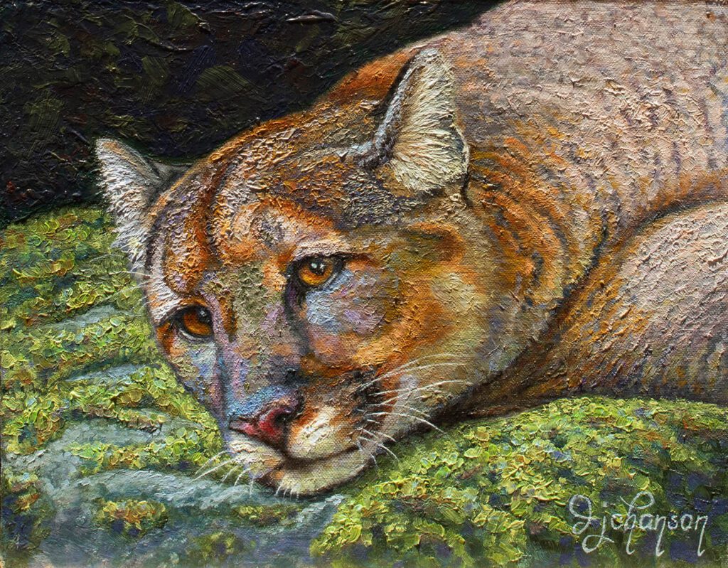 A painting of a cat laying on the ground