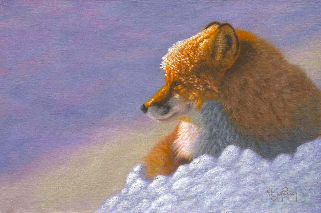 A painting of a fox sitting on top of snow covered ground.