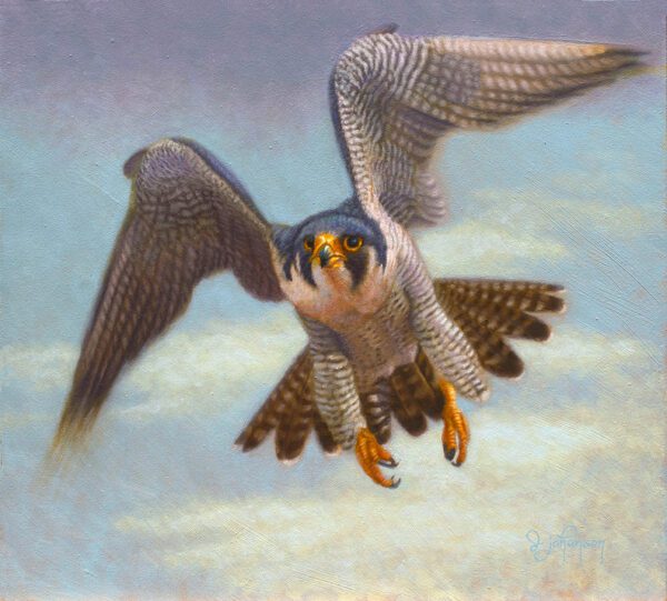 A painting of an eagle flying in the sky.