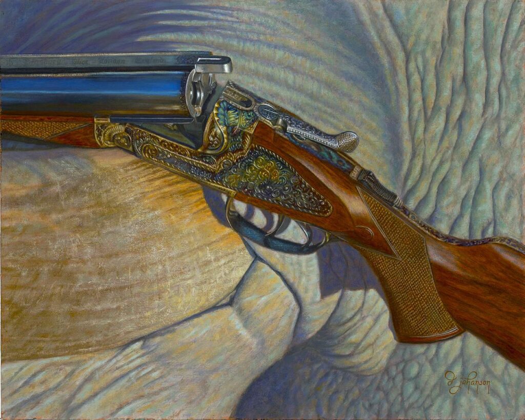 A painting of an old gun with a blue handle.