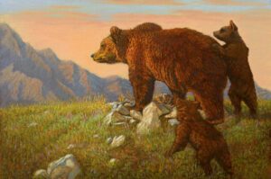A painting of two bears in the wild