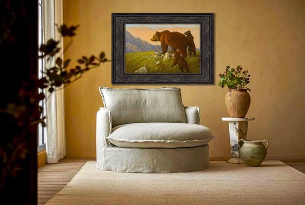 A painting of a bear and its cub in the mountains.