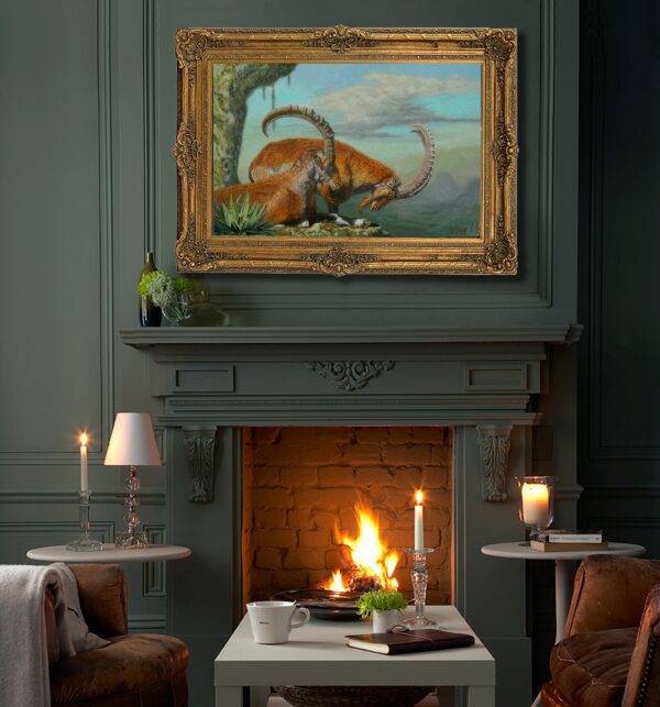 A fireplace with two candles and a painting on the wall.