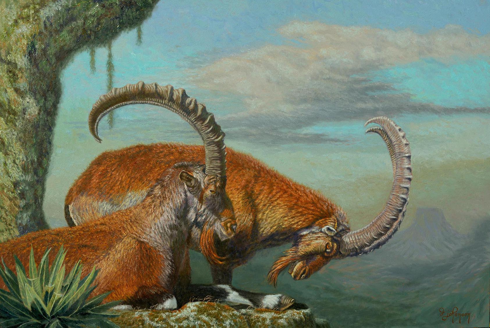 A painting of an animal with long horns