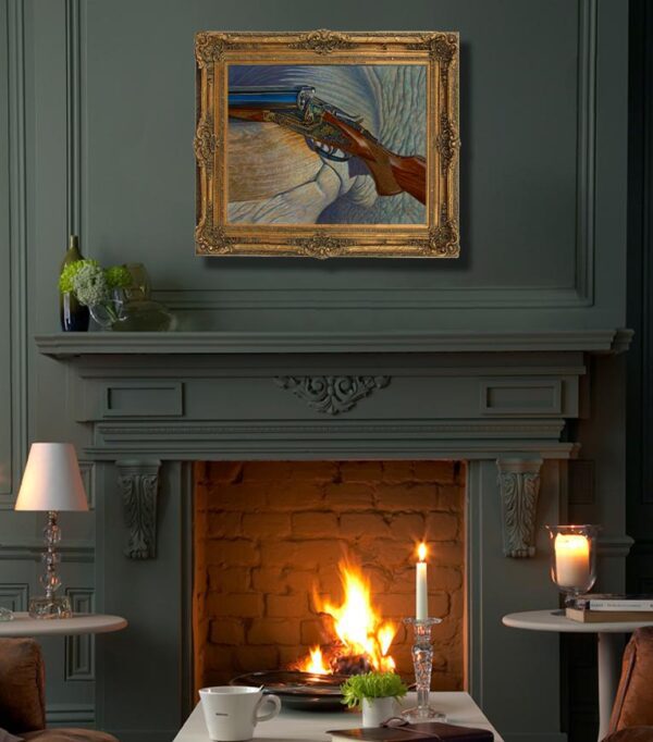 A fireplace with candles and a painting on the wall.