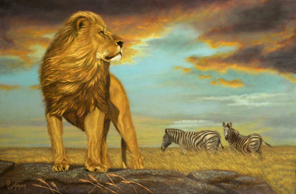 A painting of a lion and zebras in the wild.