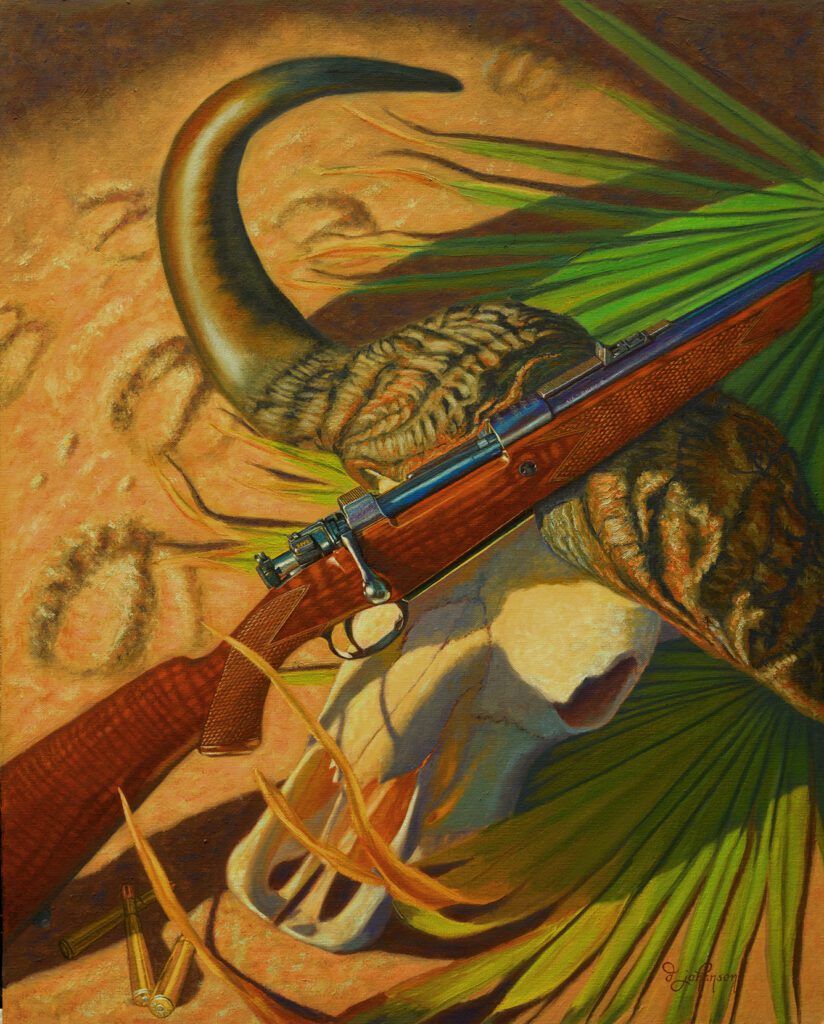 A painting of a rifle and snake on the ground