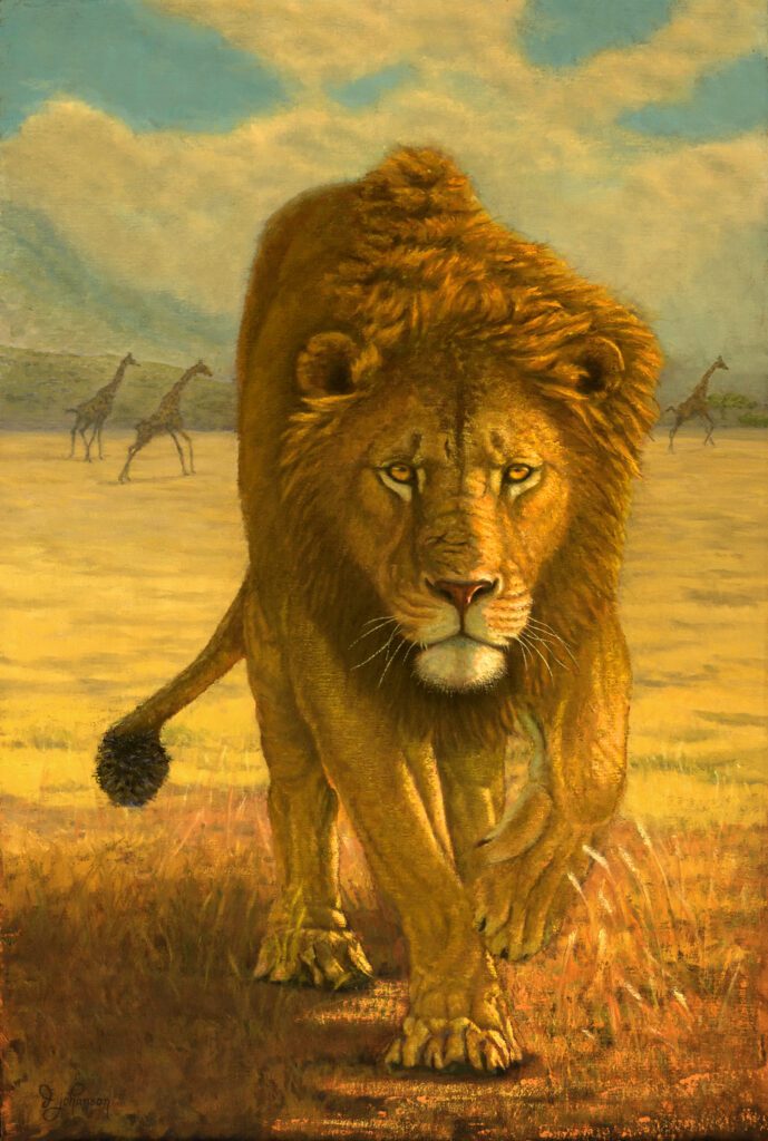 A painting of a lion walking across the plains